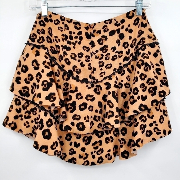 Olivaceous Leopard Print Crotchet Detail Mini Tiered Skirt - Picture 2 of 8